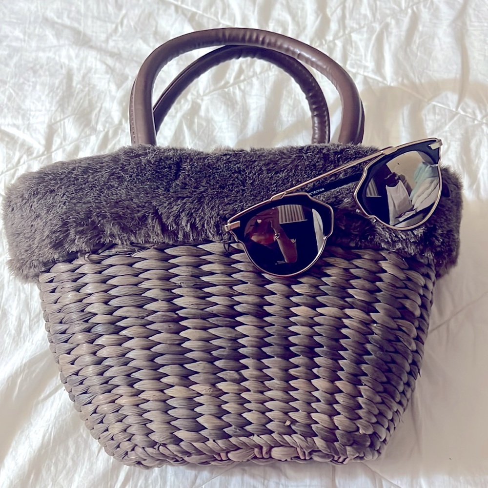 Brown Rattan woven Fur trimmed limited edition Bath and Body Works basket purse